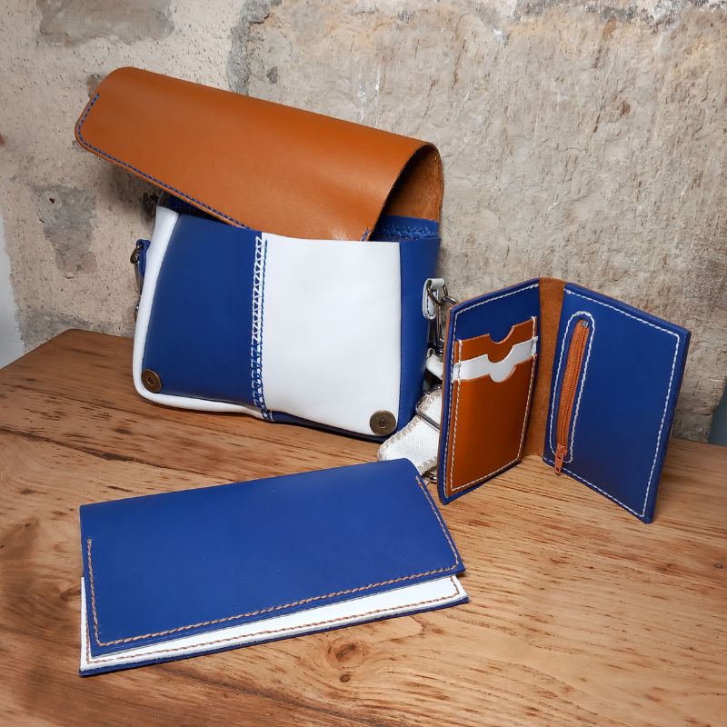 Sac à main jaspe, portefeuille saphir, étui à chéquier tricolore assorti idée cadeau cuir - sac à main coloré
